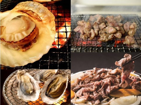 (Clockwise from top right) Salted Koro Genghis Khan, Raw Lamb Genghis Khan, Live Grilled Oysters, Live Grilled Scallops