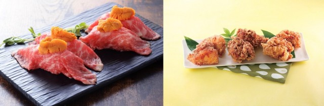 (From left) Sea urchin beef sirloin meat sushi from Hokkaido, Hokkaido Zangi