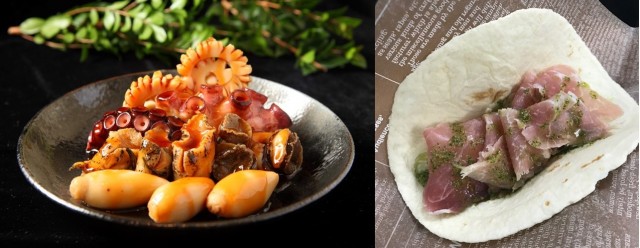 (From left) Boiled seafood, raw ham tortillas