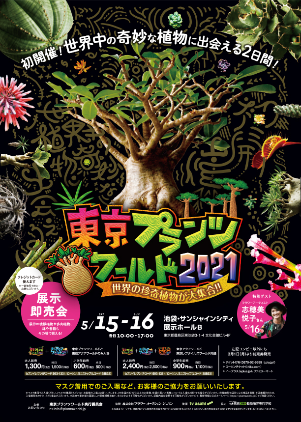 两天时间与来自世界各地的奇异植物相遇 稀有植物的展览和销售 东京植物世界21 来自世界各地的大量稀有植物 将于5月15日 星期六 和16日 星期日 在池袋 阳光城首次举行 Kokosil池袋