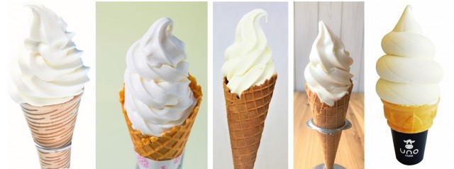 左からブラウンスイスプレミアムソフトクリーム・究極の無添加はちみつソフトクリーム・放牧牛乳ソフトクリーム・みるくのそふと・最高峰有機牛乳のもこもこソフト