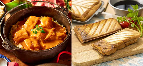 Butter chicken curry made in a Dutch oven and hot pizza sandwich made with hot sandwiches