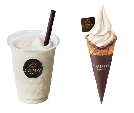 （左）ゴディバ／カカオフルーツジュース　　（右）ゴディバ／ソフトクリーム カカオフルーツ &ホワイトチョコレートバニラ