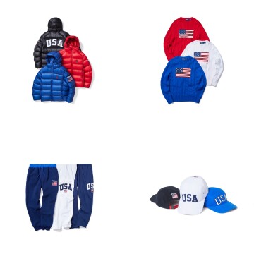 （左上から時計回り）ダウンジャケット メンズ 各\104,500、レディース 各\97,900　※写真はメンズ　セーター メンズ、レディース 各\82,500　※写真はメンズ　キャップ 各\16,500、パンツ 各\27,500（すべて税込）